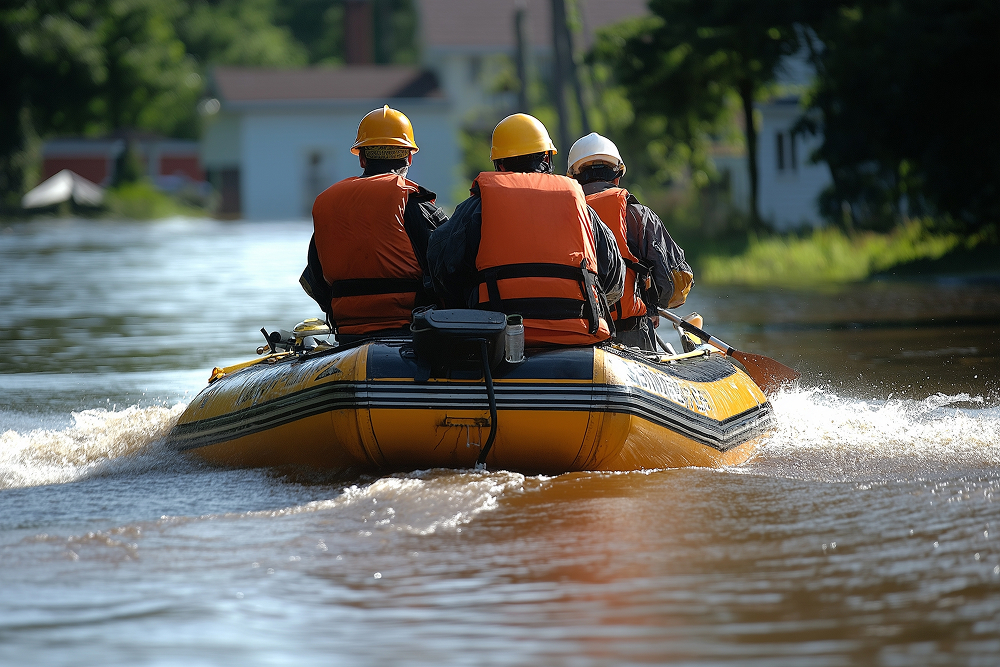 Rescue workers in life raft during flood. 